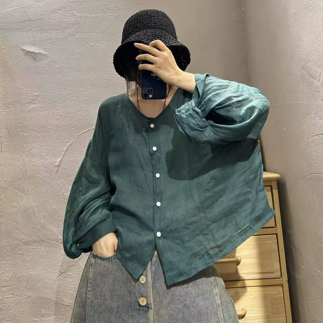 【半奏】夏季新款苎麻圆领薄款衬衫打结袖口休闲衬衣 衣长55