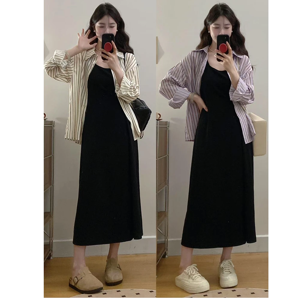 大码女装胖mm新款韩系显瘦纽结背心连衣裙+通勤条纹衬衣套装