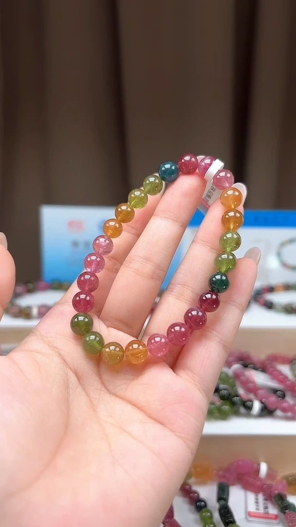 未镶嵌手串碧玺7.8mm明亮艳丽彩虹色玻璃体碧玺单圈手串