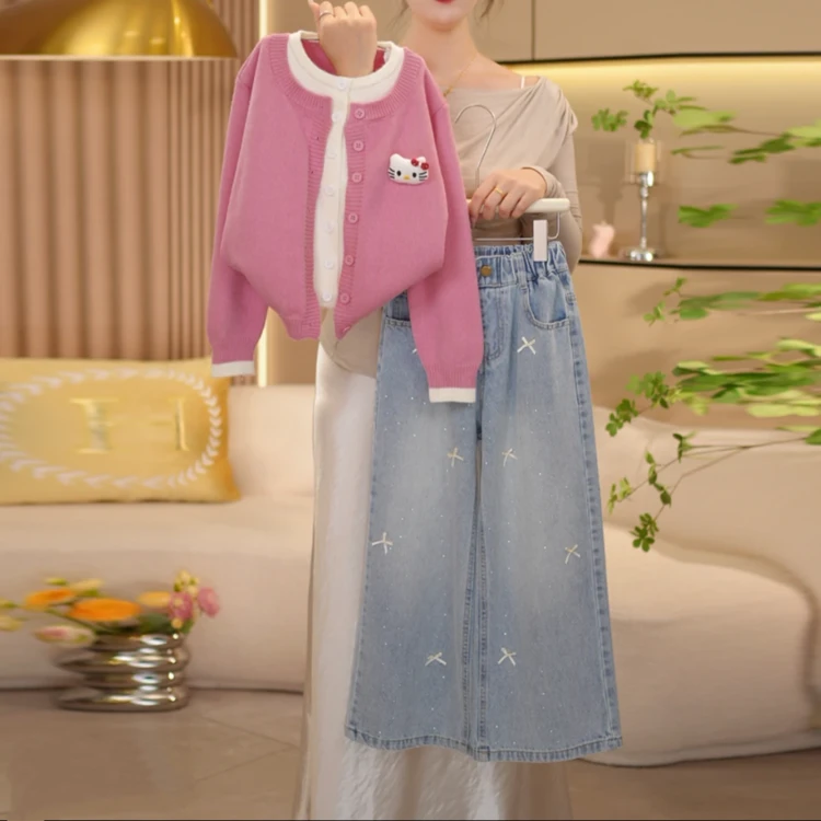 女童套装2025新款洋气时髦儿童春秋开衫烫钻牛仔裤