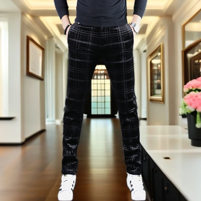 高端欧货男士休闲裤秋冬季百搭条纹灯芯绒直筒裤修身弹力保暖长裤