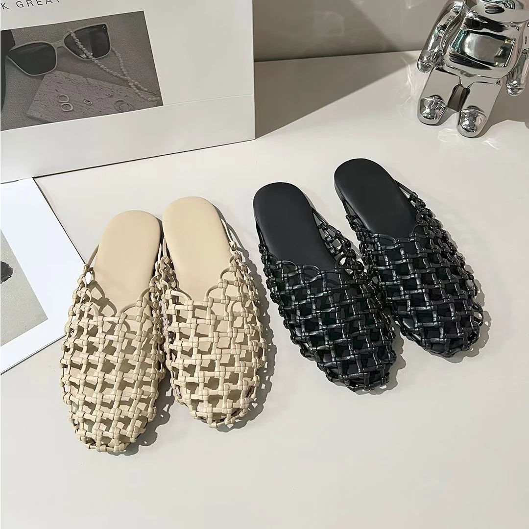AMOAF时尚编织镂空一脚蹬平底包头拖鞋