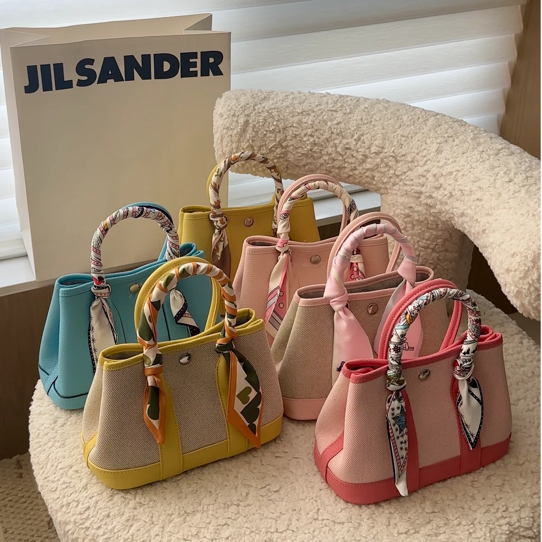 【23cm花园包】春夏新款拼色撞色真皮牛皮托特包包单肩斜挎女包ins