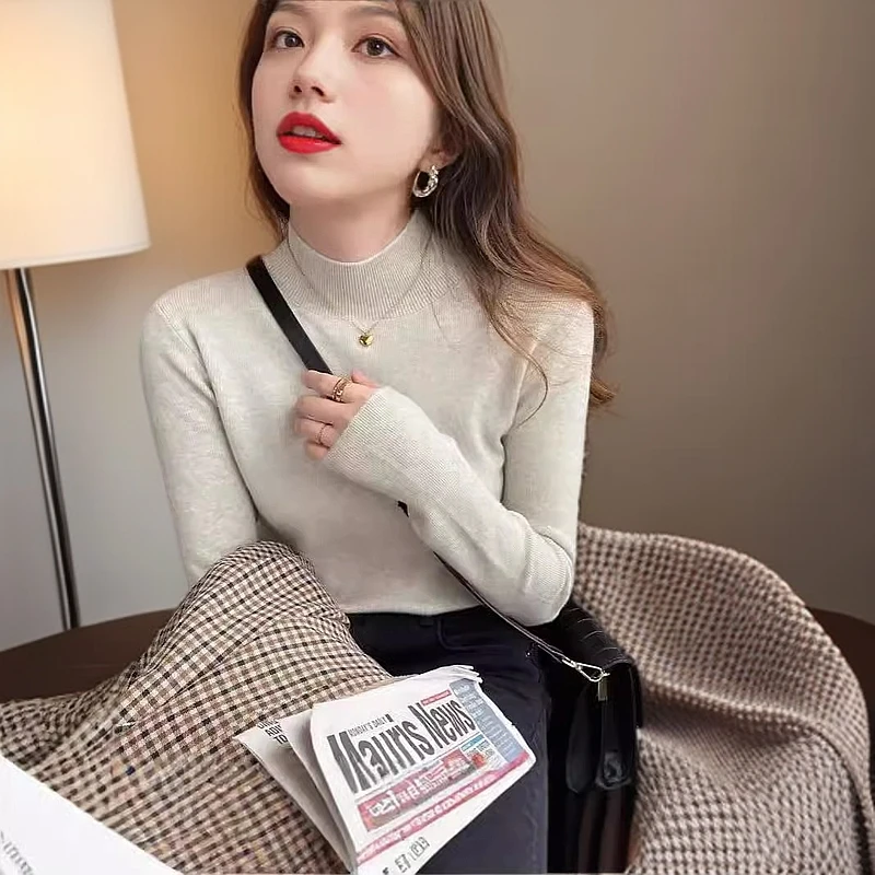 针织衫女春秋半高领打底衫春秋新款洋气毛衣上衣宽松型长袖纯色通