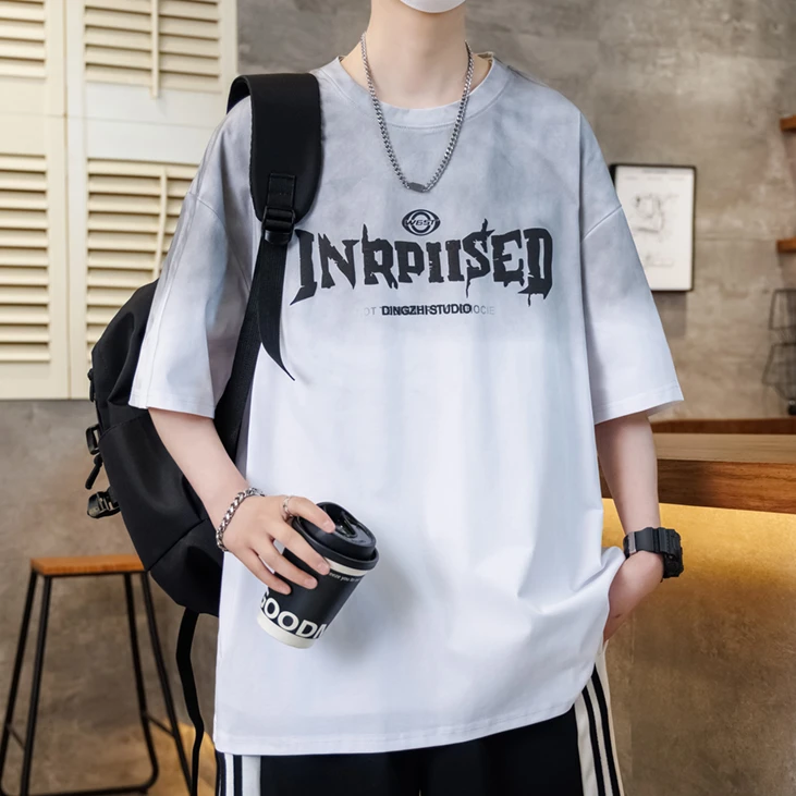 2025夏季新款潮流韩版短袖印花美式时尚渐变圆领百搭休闲T恤上衣