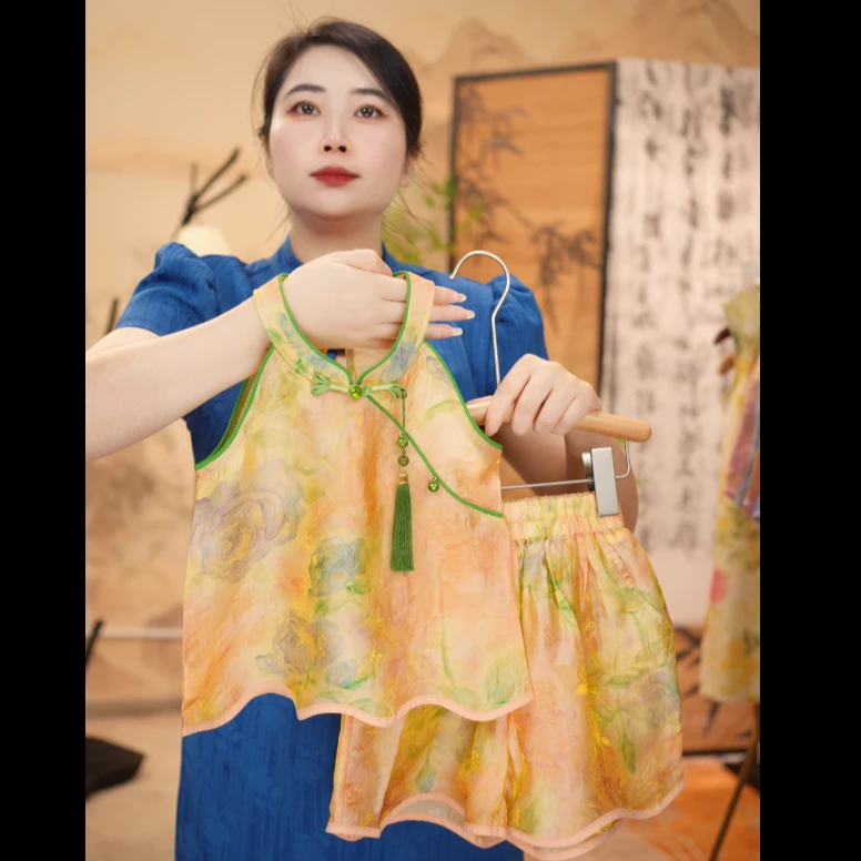 【花影】浮光锦#女童新款国风复古新中式无袖民族风夏季套装