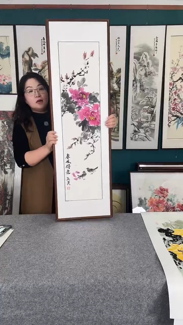 国画35*123牡丹实木装裱
