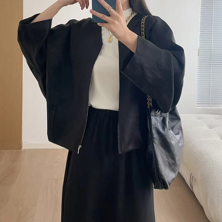 宝丫轻奢  女式高级感V领蝙蝠袖茧型拉链外套K1313