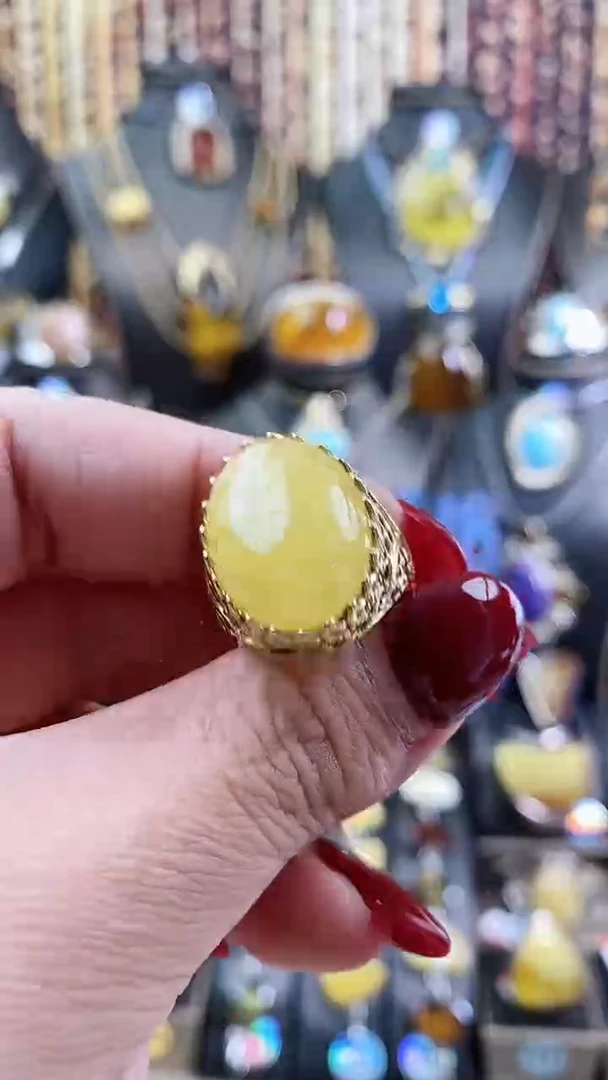 琥珀银S925镶嵌戒指黄蜜戒指
