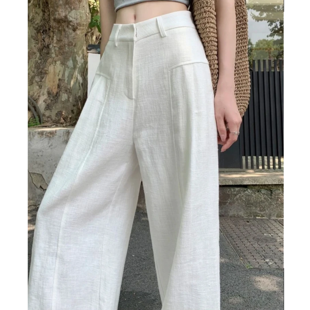 白色苎麻阔腿裤女2025夏季薄款高腰垂感老钱风西装亚麻棉麻休闲裤