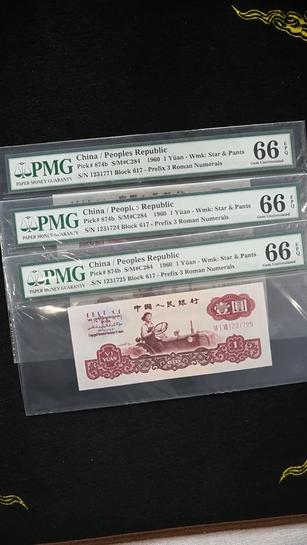 QB1959 第三套退市钞 1960年1元 古币水印 PMG 66分 单张