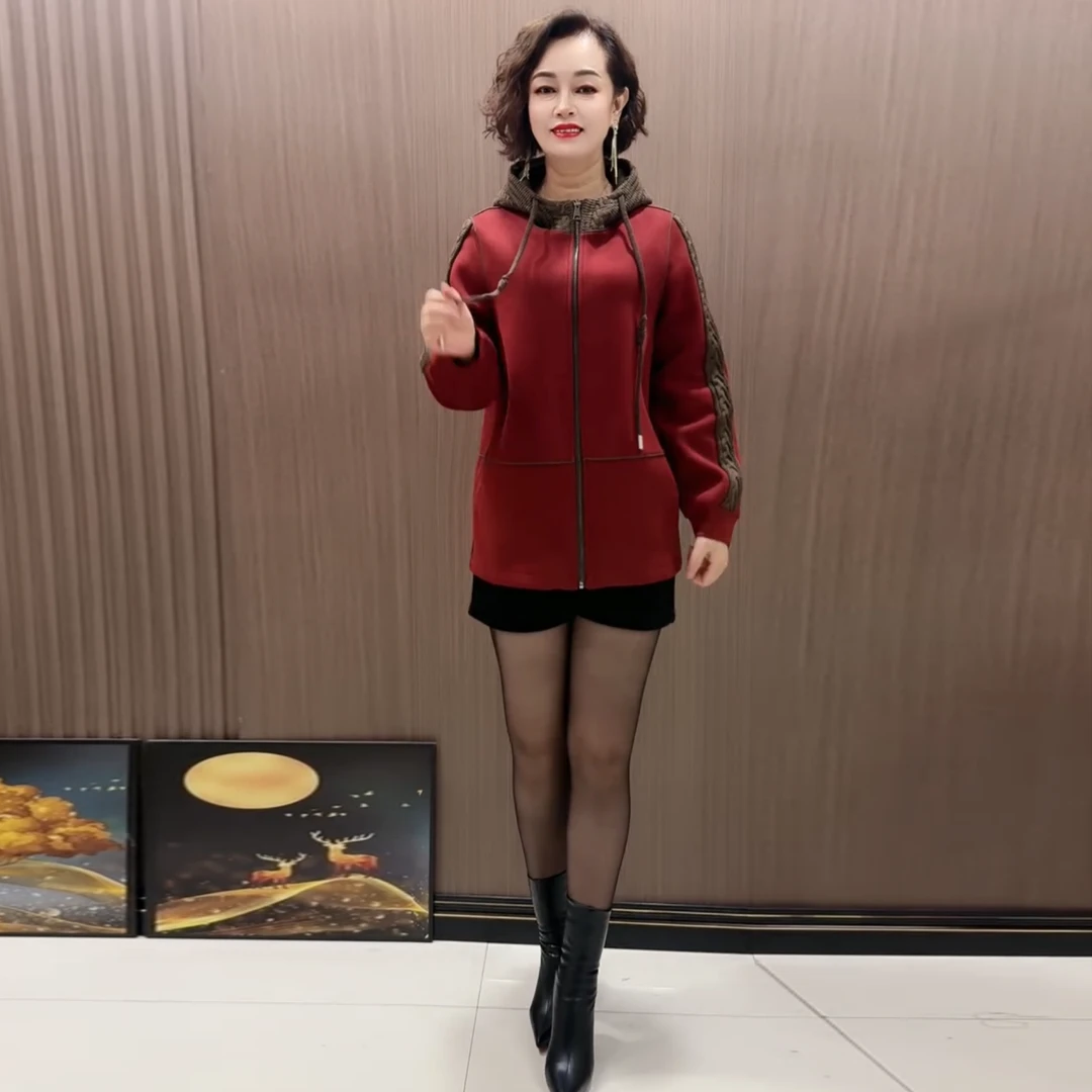 阔太太连帽双面毛呢大衣小个子中年妈妈短款秋冬休闲宽松大码外套