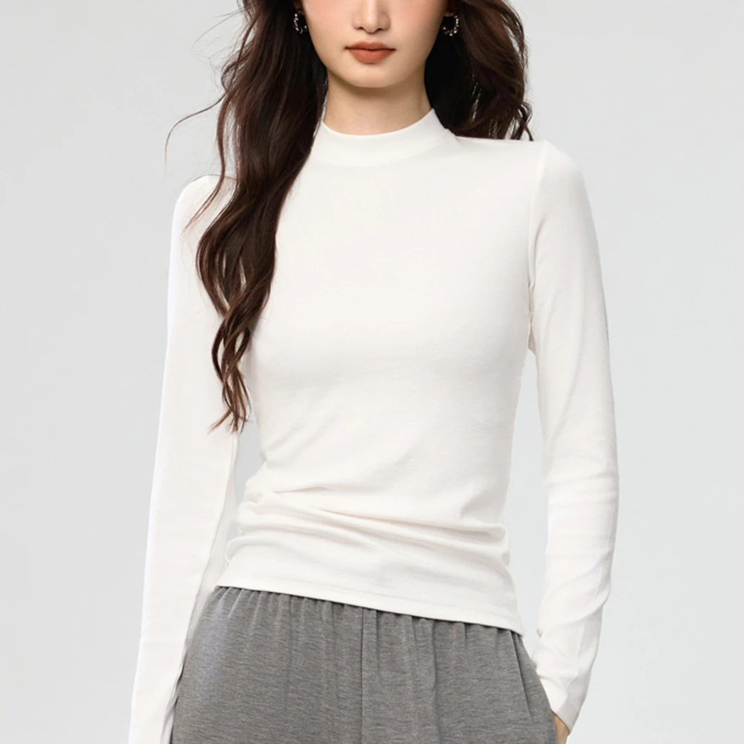 加绒半高领打底衫女秋冬磨毛内搭长袖t恤纯色简约小立领叠穿上衣