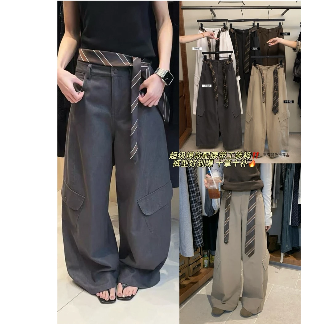 2025春秋季复古阔腿大口袋设计感领带工装裤女美式直筒裤子配腰带