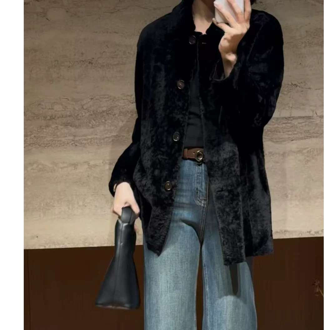 TANTAN 时尚宽松百搭羊皮毛秋冬毛呢外套3445