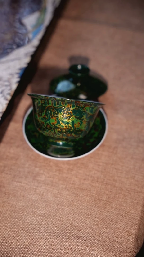 天然大漆盖碗绿金漆茶具