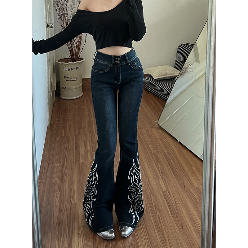 美式复古做旧水洗图腾印花牛仔裤女y2k千禧辣妹修身显瘦微喇叭裤
