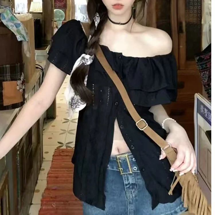 萌萌一字肩衬衫显瘦设计感开叉小衫纯欲辣妹上衣（7119）