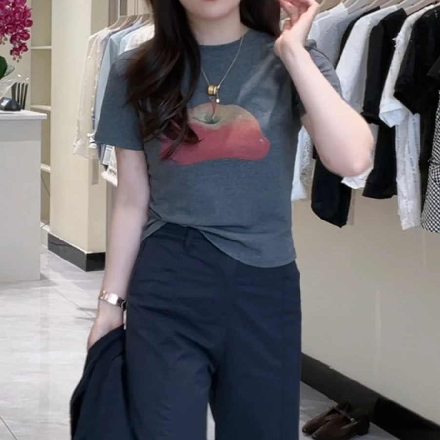 小众设计感修身半袖显瘦苹果印花上衣女款2025夏季新款短袖T恤潮
