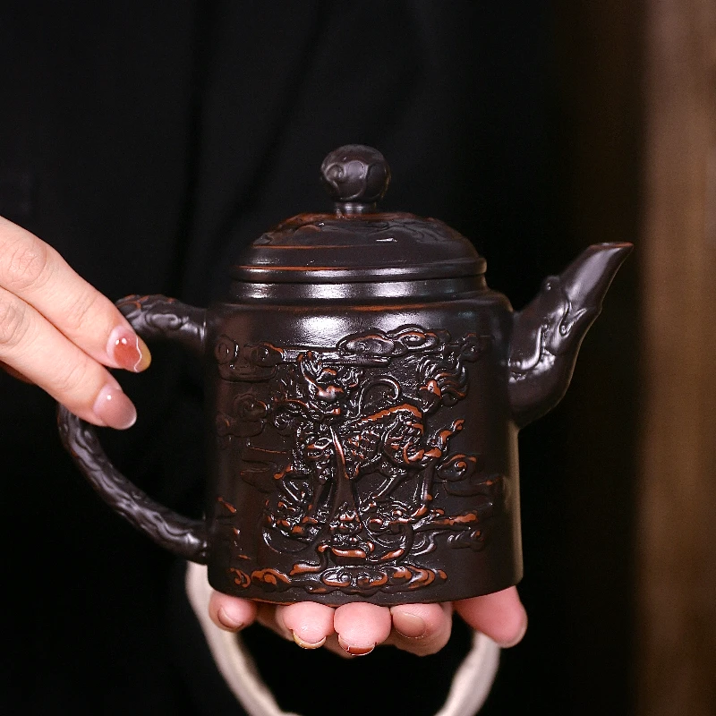 紫陶浮雕麒麟凤鸣壶大容量家用中式泡茶壶复古大号紫砂壶
