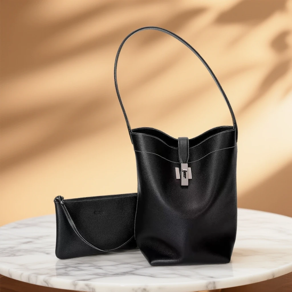 单根抽带水桶包女黑色百搭单肩包托特包轻奢简约风单根单肩托特包