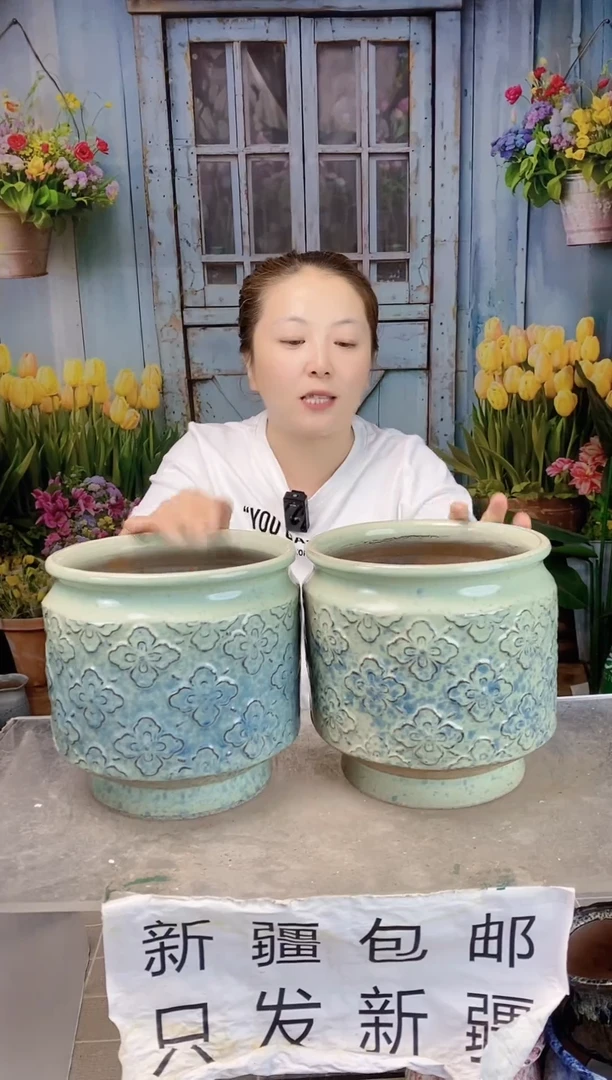 003直口黄绿小花陶盆两个装   口18高19