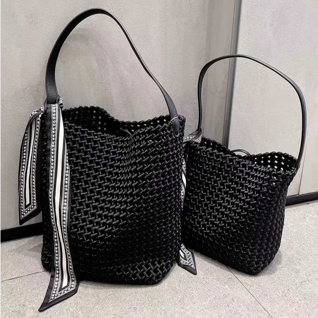 2025新款高质感镂空黑色编织单肩包大容量托特包日常通勤手提包