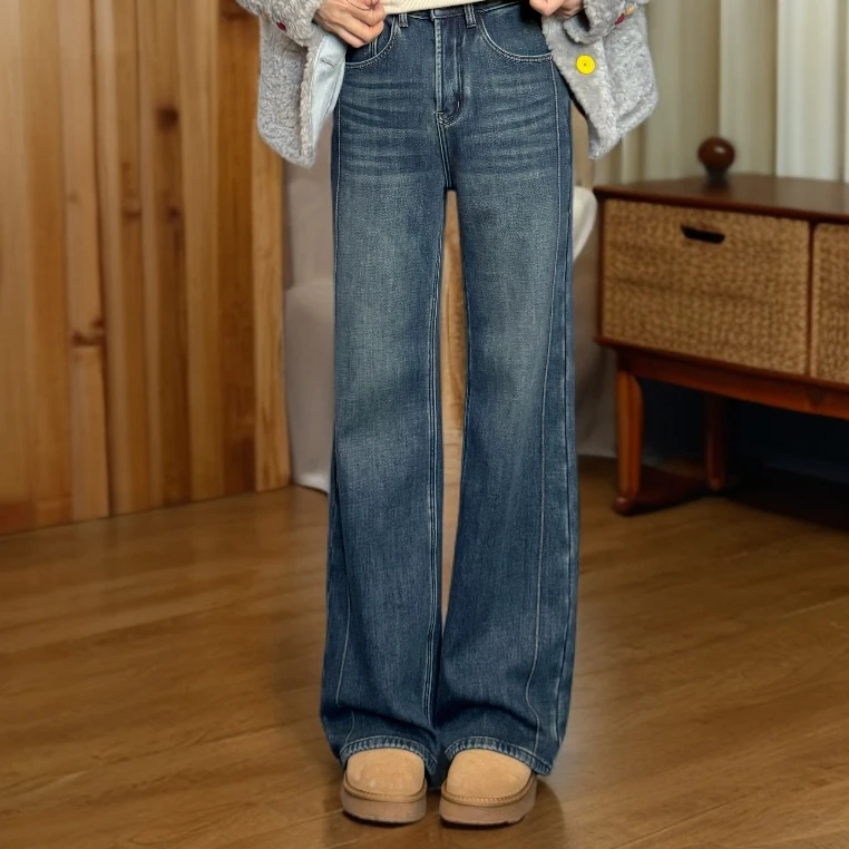 宿慕SUMU加绒加厚蓝色牛仔裤2025冬季新款显瘦阔腿裤长裤子35095