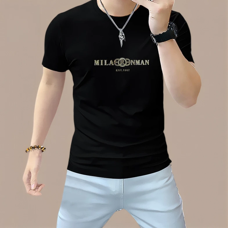 男士夏季短袖圆领衫丝光棉舒适透气修身型男装半袖烫钻字