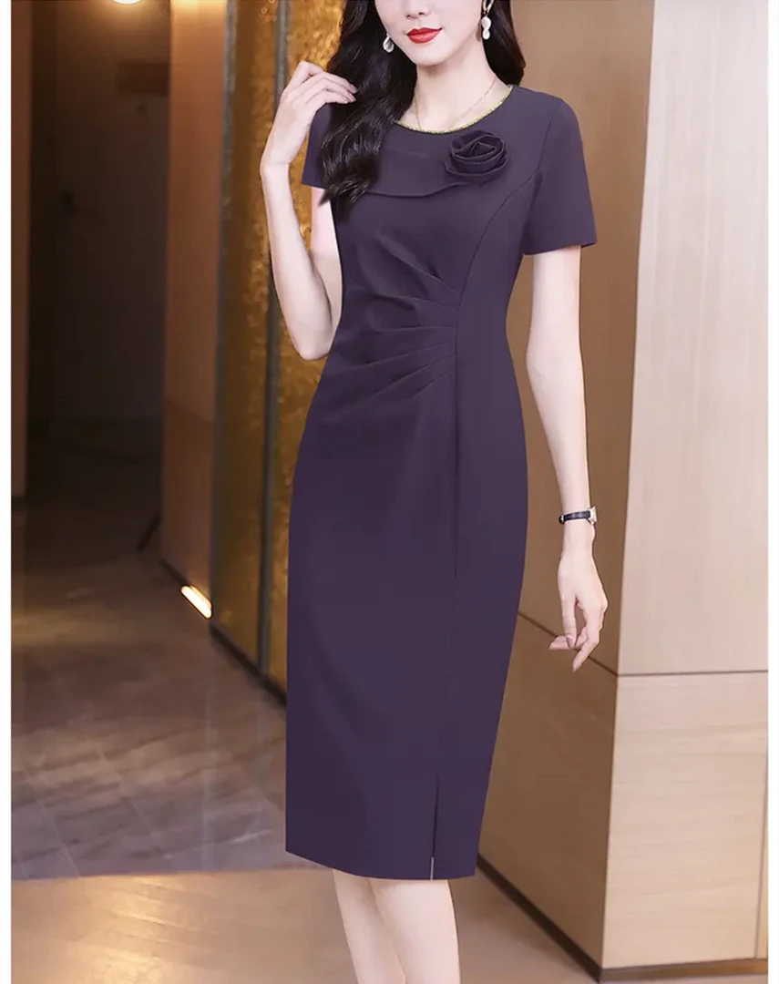 显瘦裙子气质夏季时尚深紫色连衣裙妈妈收腰遮肚子优雅晚礼服短袖
