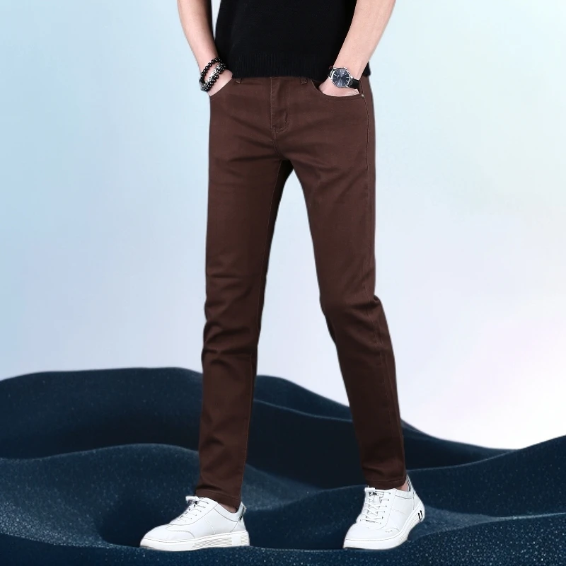 巴赛娜缇咖啡色牛仔裤男款秋冬新款修身小脚弹力百搭休闲长裤爆款