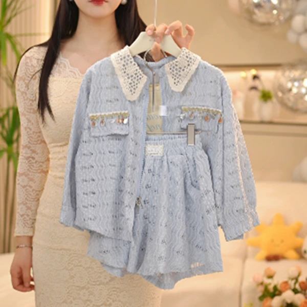 【一甜】女童衬衣薄款防晒衣短裤套装夏季2025新款中大童洋气夏装