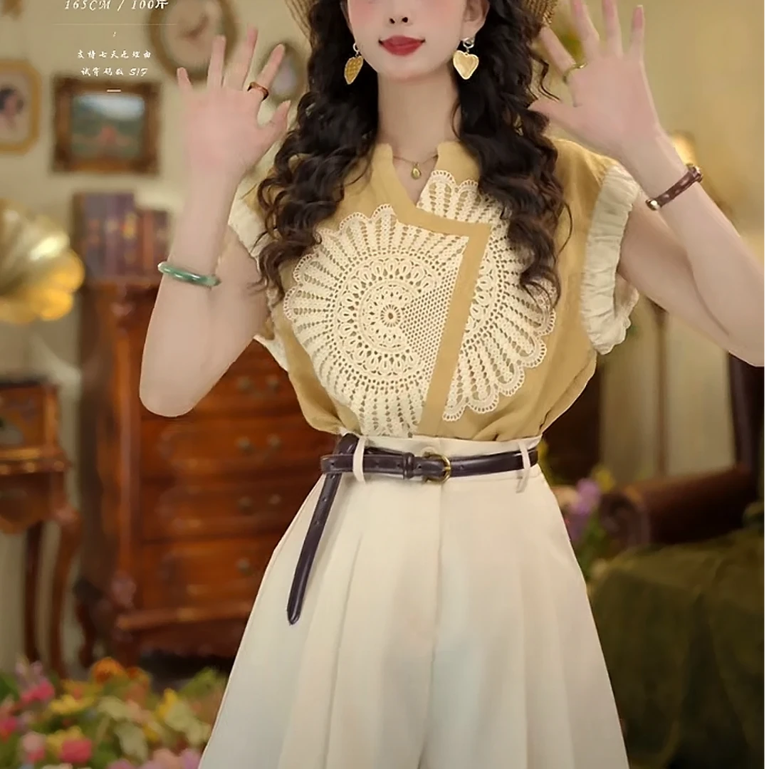 港风复古衬衣夏季V领衬衫拼色显瘦上衣