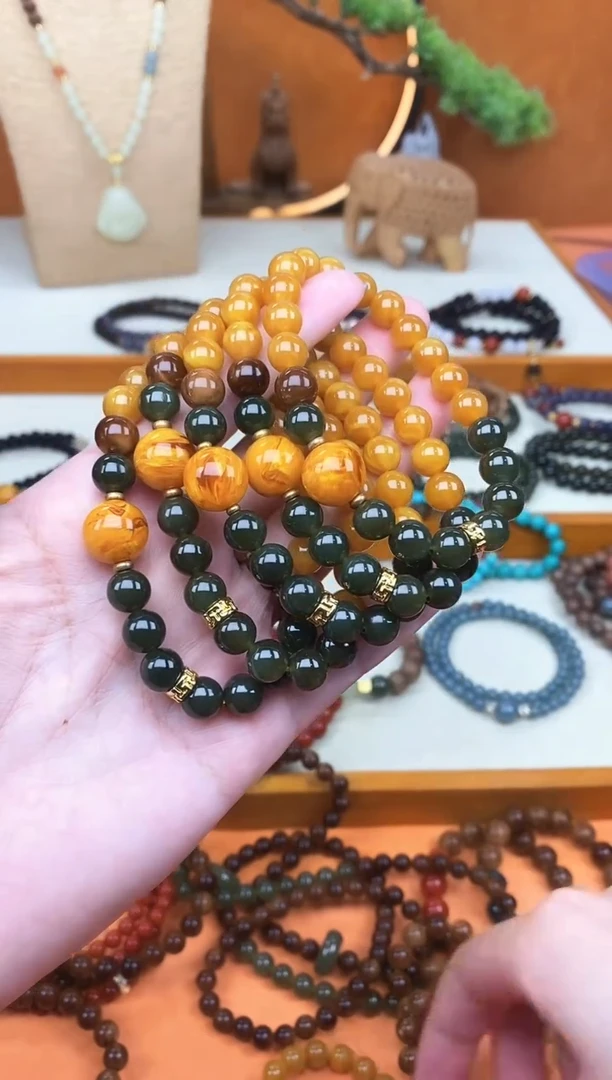 未镶嵌蜜蜡手链单圈蜜蜡和田菠菜绿手串