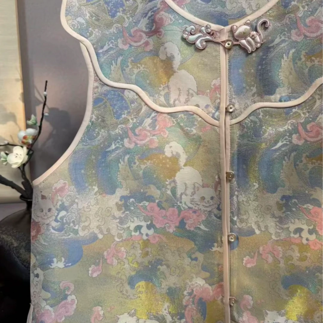 宋锦【李德喜 乘风破浪猫】四季款中式满分桑蚕丝马甲上衣复古女装