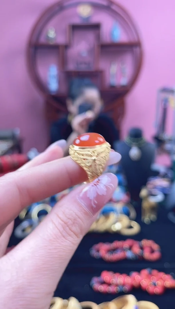 非遗 花丝镶嵌戒指 镀金 红色