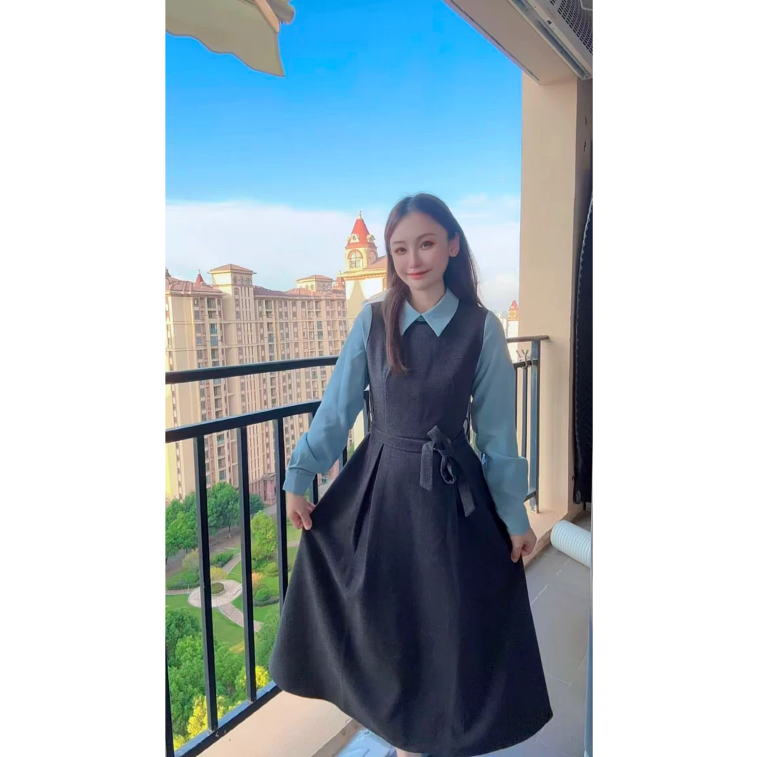 学院风长袖假两件连衣裙女2025秋冬新款收腰显瘦气质裙子Q659161