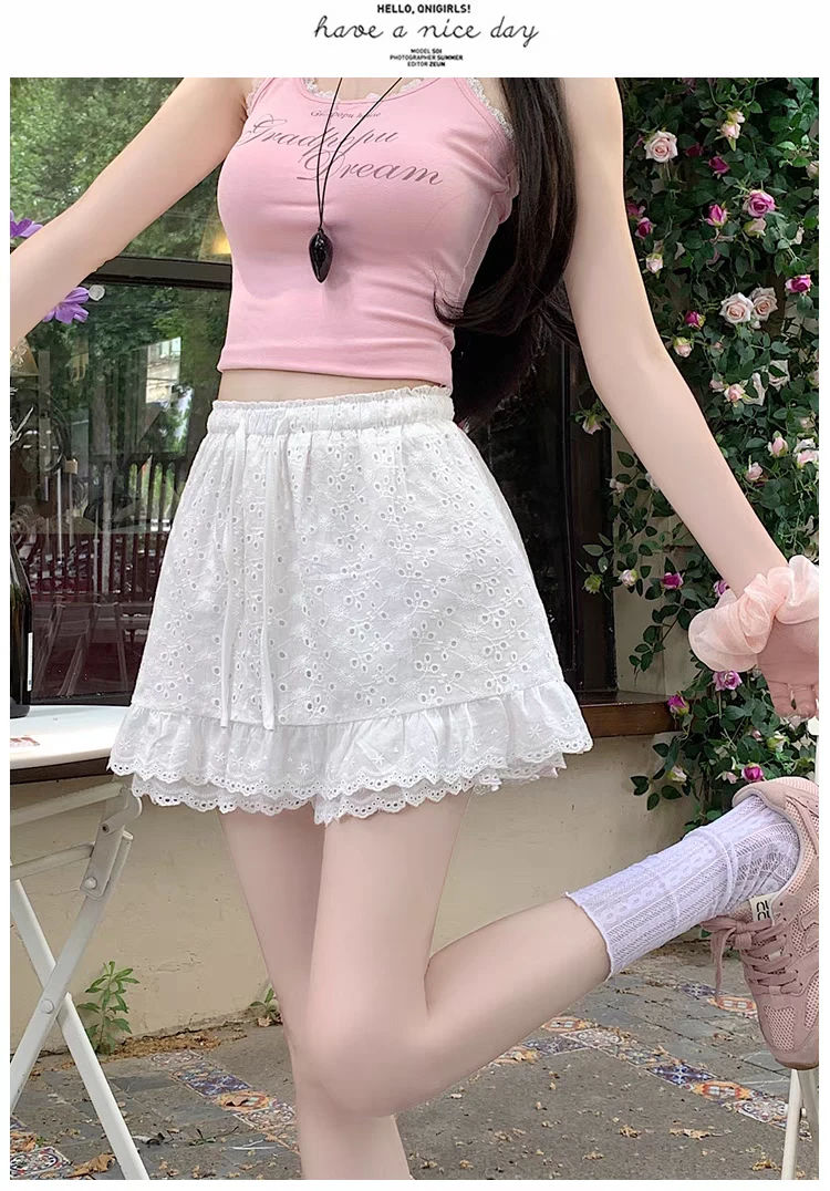 荷包裙春夏高腰A字休闲打底纯色外穿蕾丝少女风显瘦