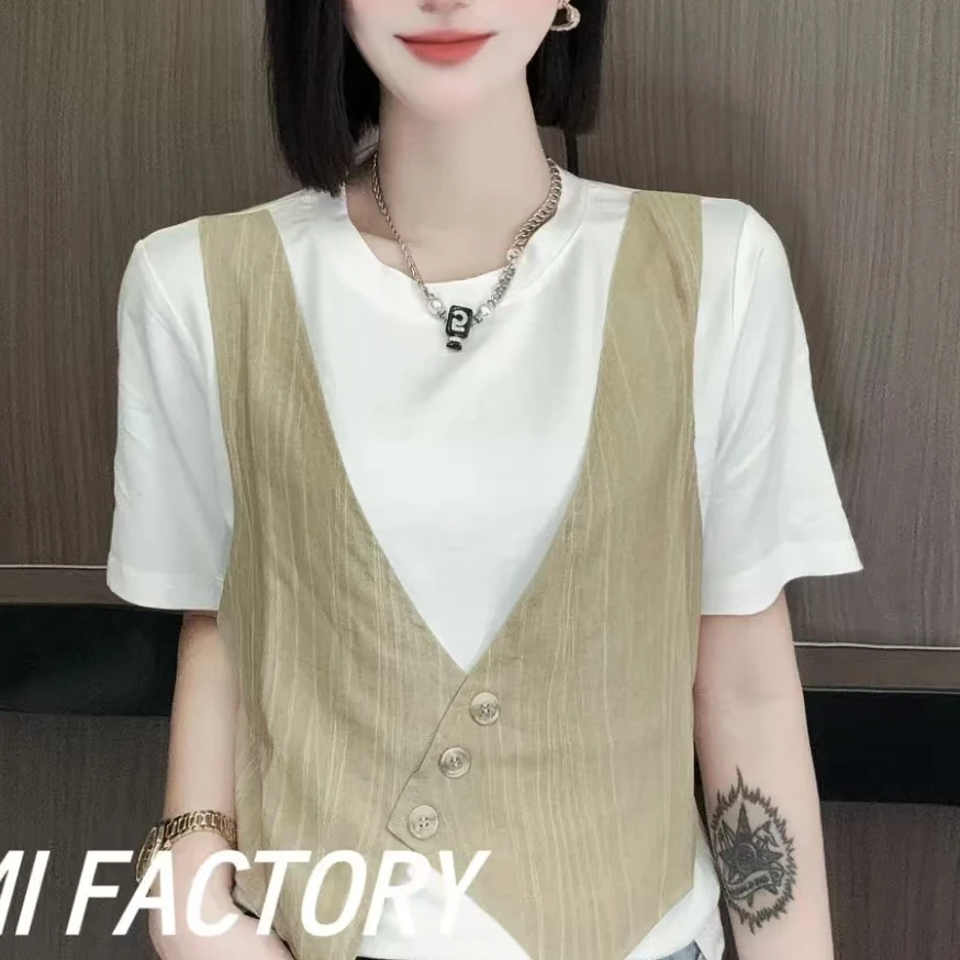 2025夏季新款 重工假两件设计短袖T恤女修身显瘦上衣