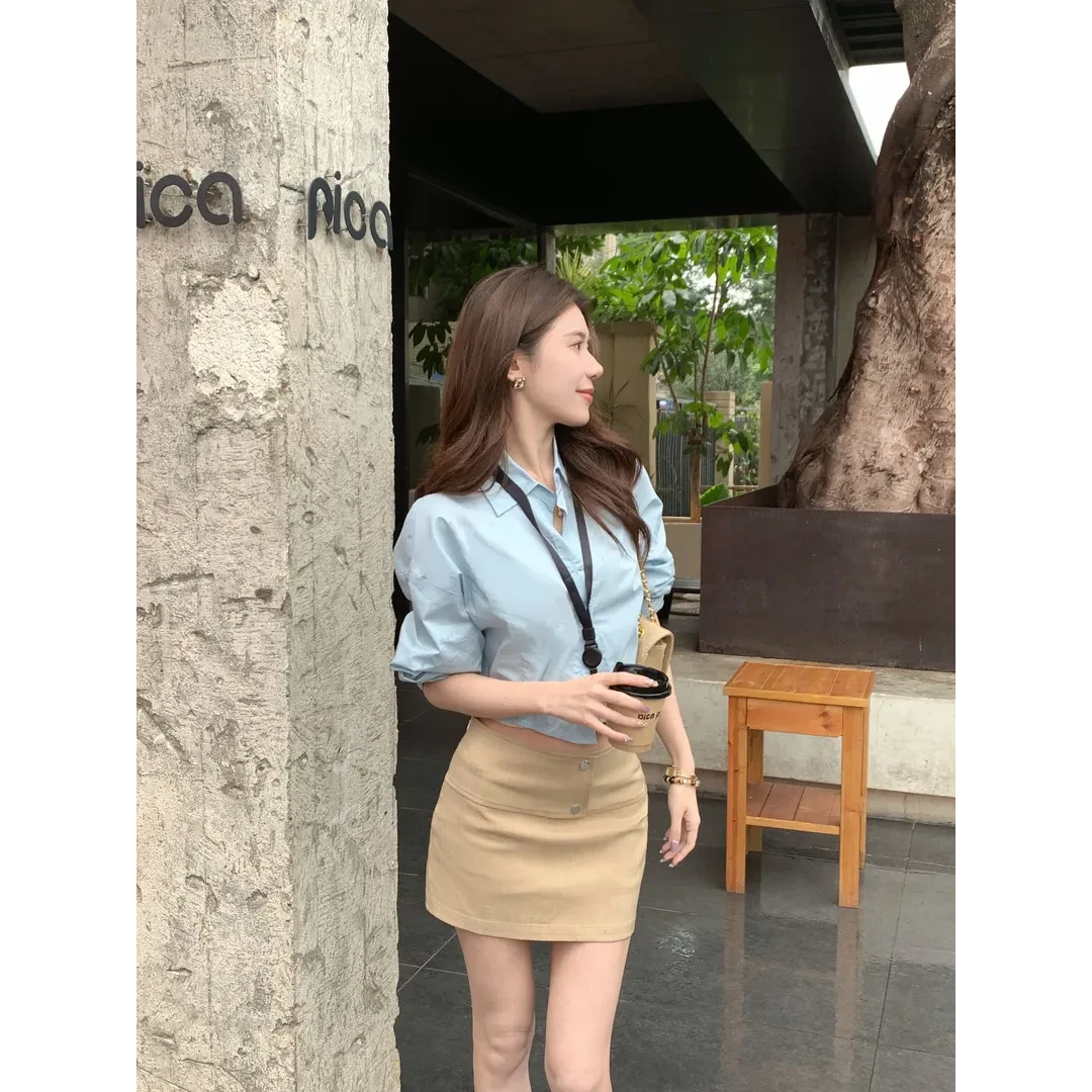 辣妹短款长袖衬衫女2025春季新款设计感小众衬衣+高腰短裙套装女