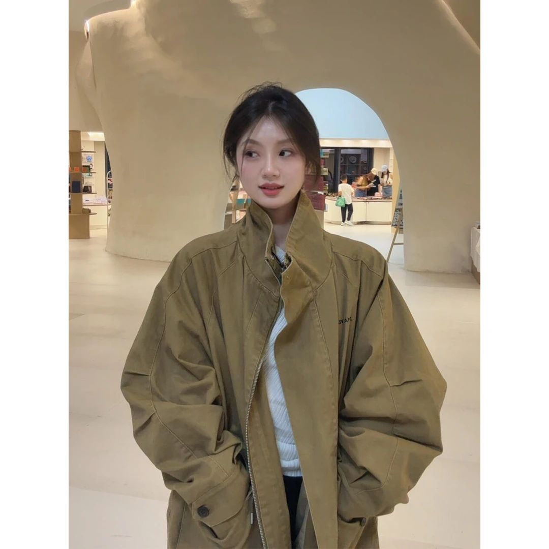 临典卡其色工装外套女2025秋季新款复古小众设计感宽松休闲风衣