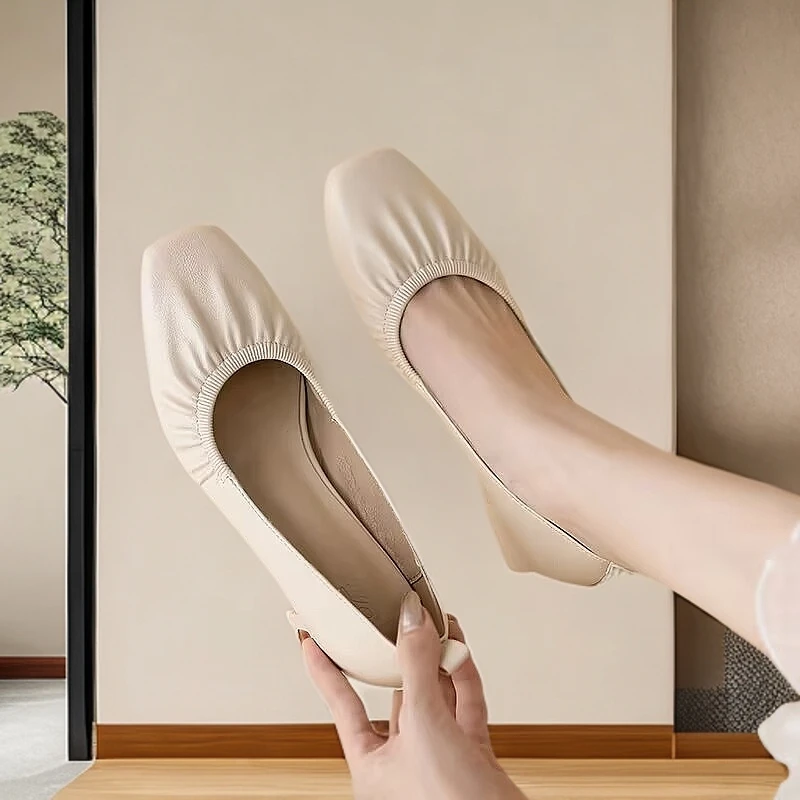 2025春季真皮方头浅口单鞋女温柔气质百搭粗跟软皮不累脚高跟鞋