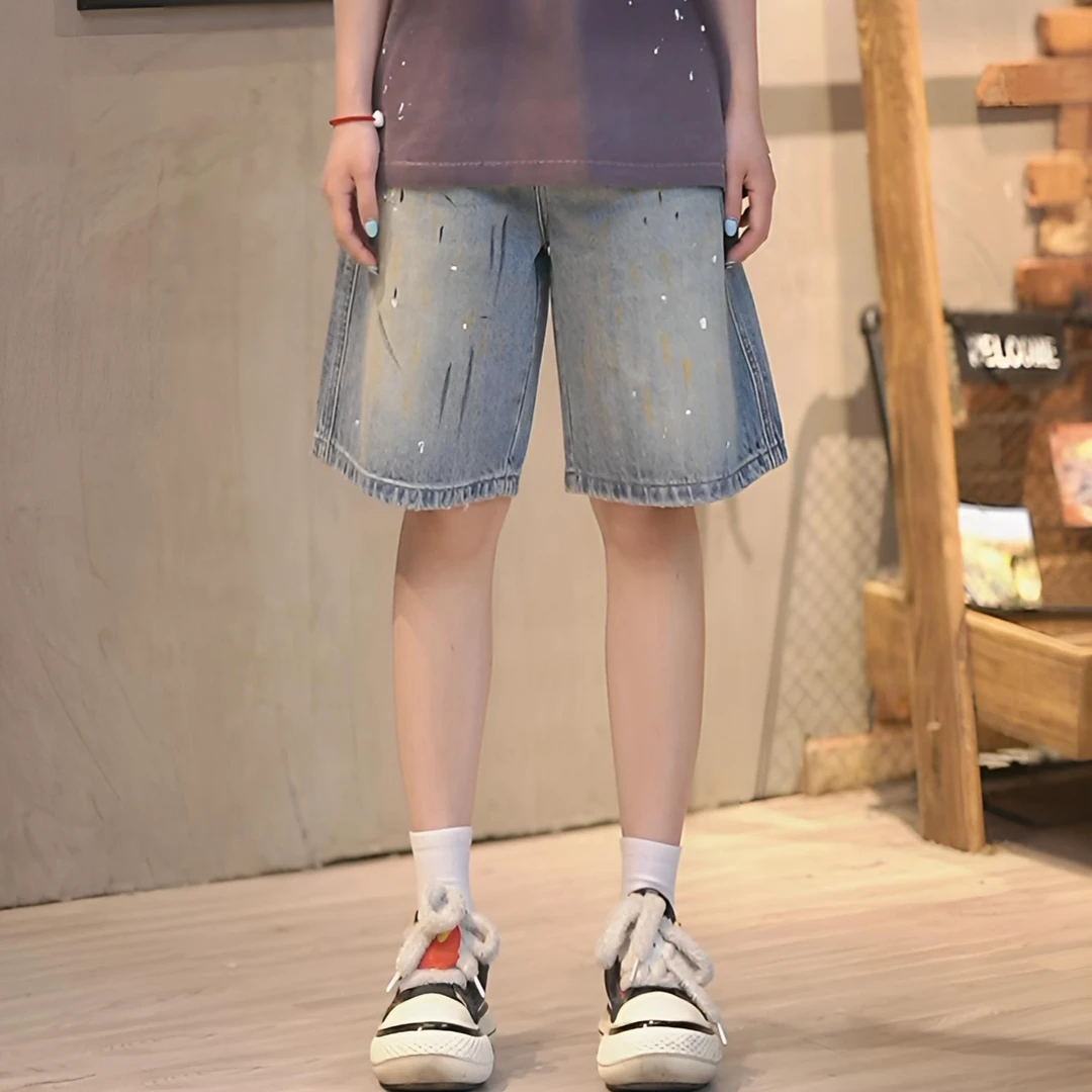 Lahamo/癞蛤蟆25SS AC巴黎风泼墨潮牌小破洞男女宽松牛仔短裤3513