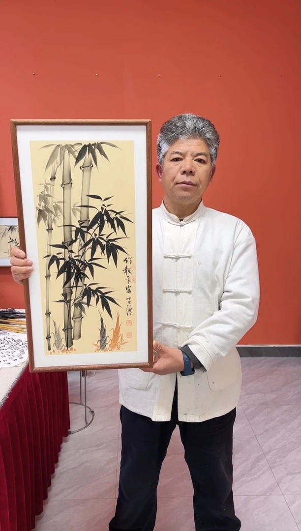 书法张富民手绘作品/竹报平安//古宣（乌檀木外框）35*70cm左右