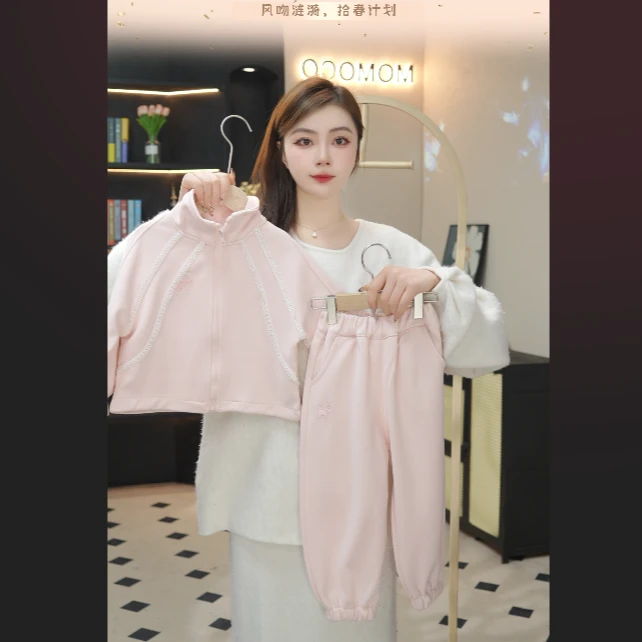 MOMOCO2025款春季女童拼接蕾丝粉色可爱套装两件套77520578001