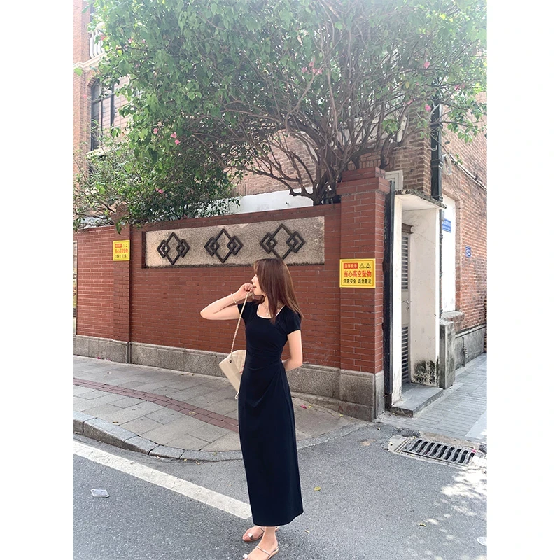 小个子黑色简约短袖连衣裙掐腰裙女夏季弹力u领修身显瘦纯色长裙