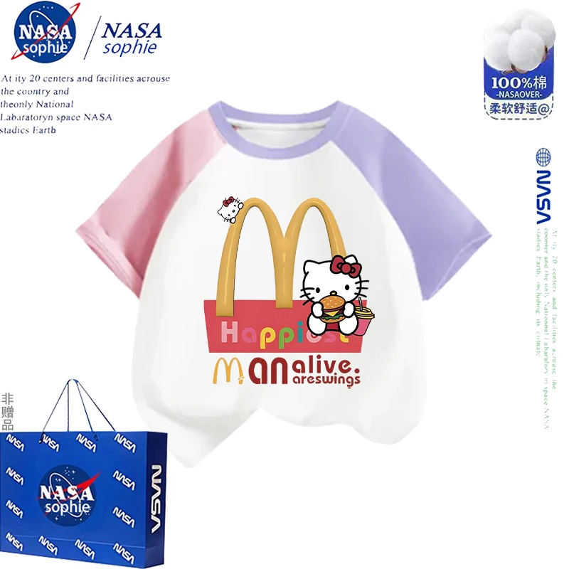 NASAhellokitty联名童装纯棉短袖男女宝可爱插肩超萌印花夏季上衣