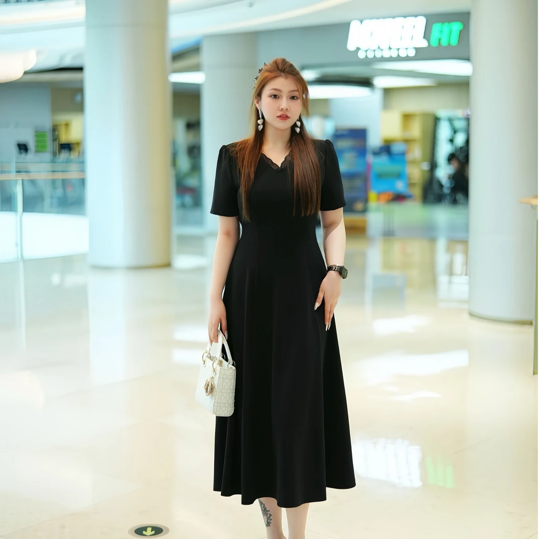 XYD71566法式赫本A字连衣裙V领清爽高腰遮肉大码女装优雅连衣裙