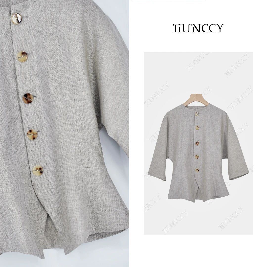 JIUNCCY【小蛮腰】早春春夏双层定制棉麻收腰立裁中袖外套24WT011