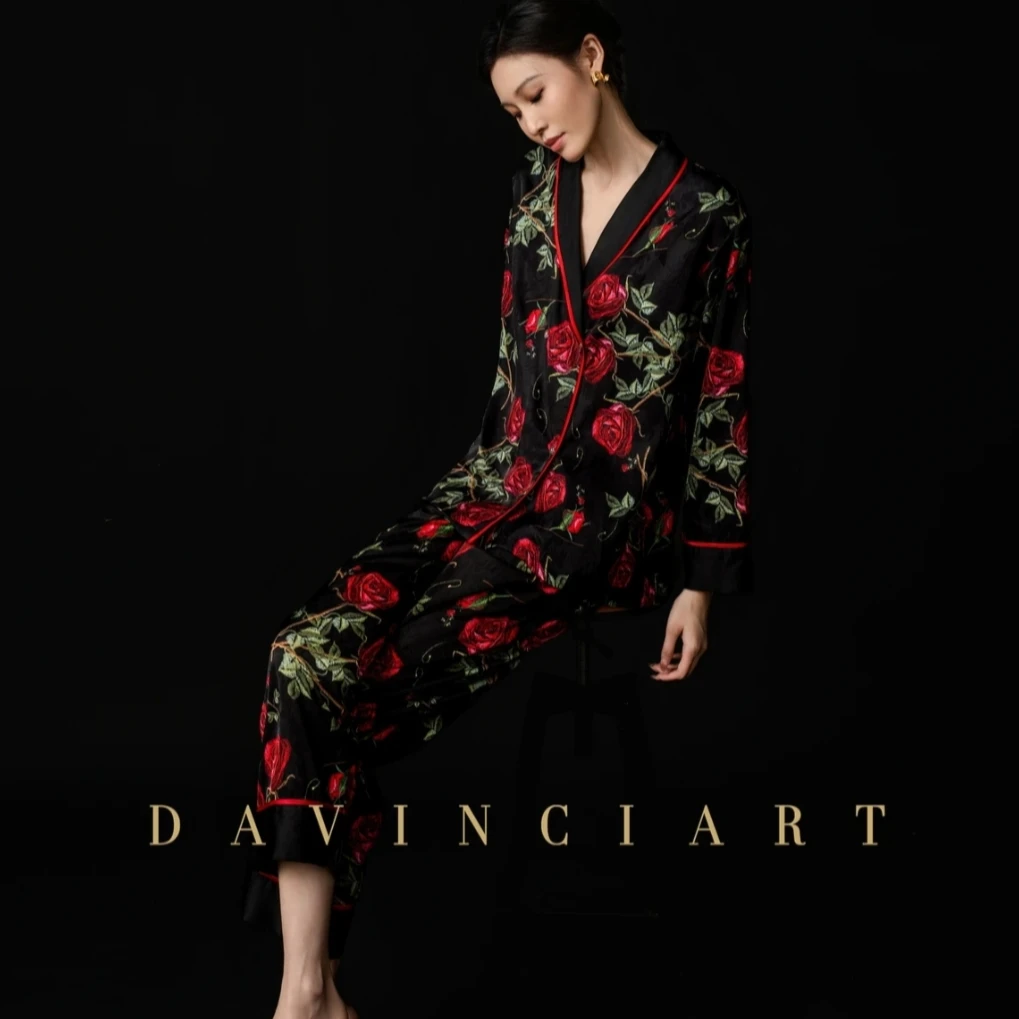 达芬奇密码冰雪丝玫瑰魅影青果领睡衣套装2025新款系带女士家居服